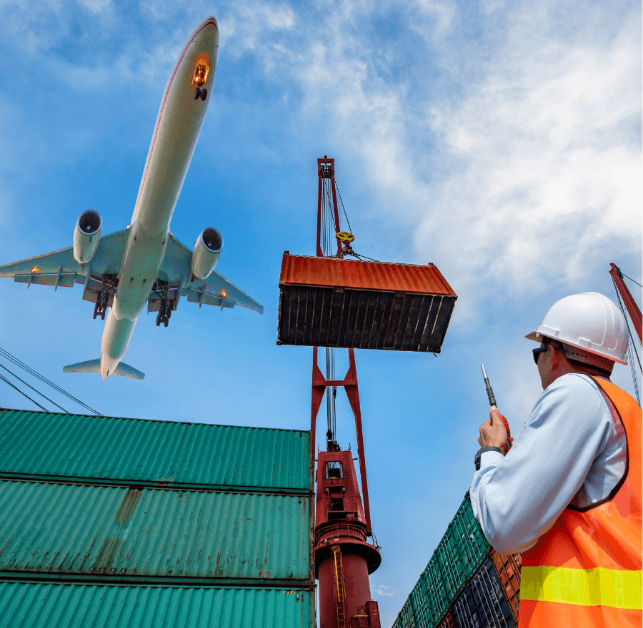 Forman control loading containers unit in port, cargo sea and land with air freight ship.